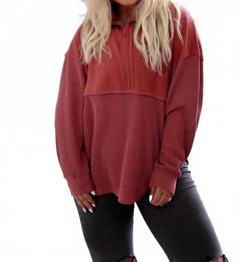 NEW JADELYNN BROOKE women's ready or not waffle quarter zip top in rust